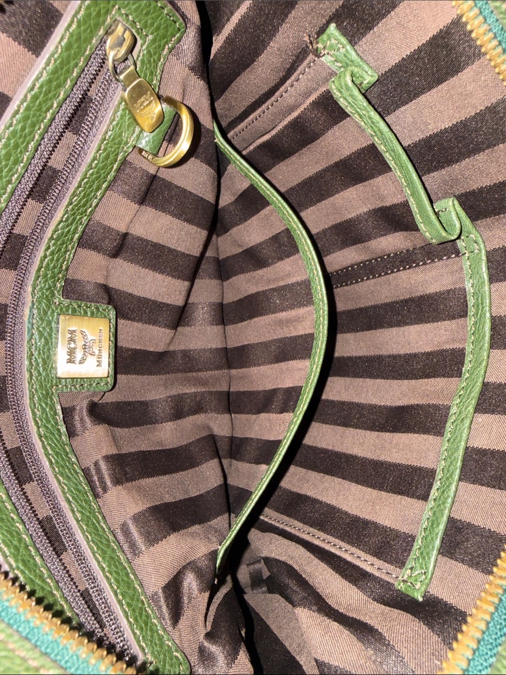 MCM Dark Green Leather Satchel with Removable Canvas Strap - Picture 14 of 16